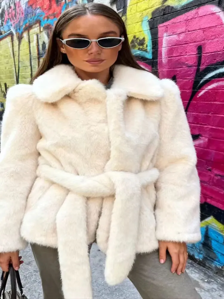 HH Winter Women Warm Faux Fur Coats With Belt Elegant Solid Lapel Long Sleeve Jackets 2025 Fashion High Street Lady Chic Outwear