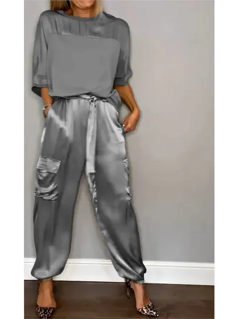 2024 Spring Women's New Fashionable Smooth Satin Half Sleeve Top With Strap Pants Pocket Set Half Sleeve Pants Two Piece Set 5