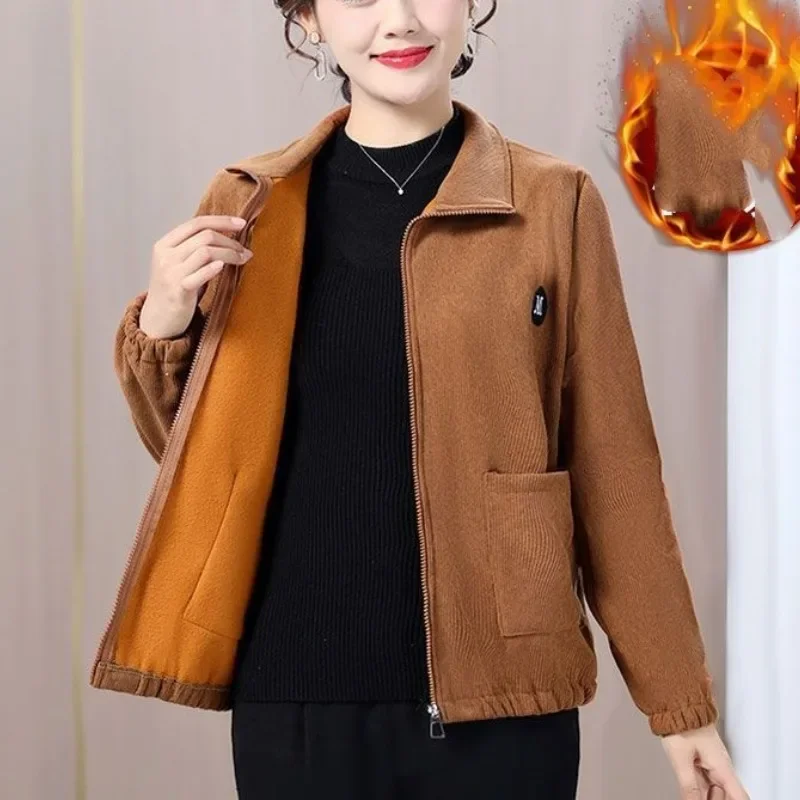 Autumn and Winter Women's Turn Down Collar Pockets Zipper Solid Color Loose Fitting Fashion Casual Elegant Long Sleeved Jacket