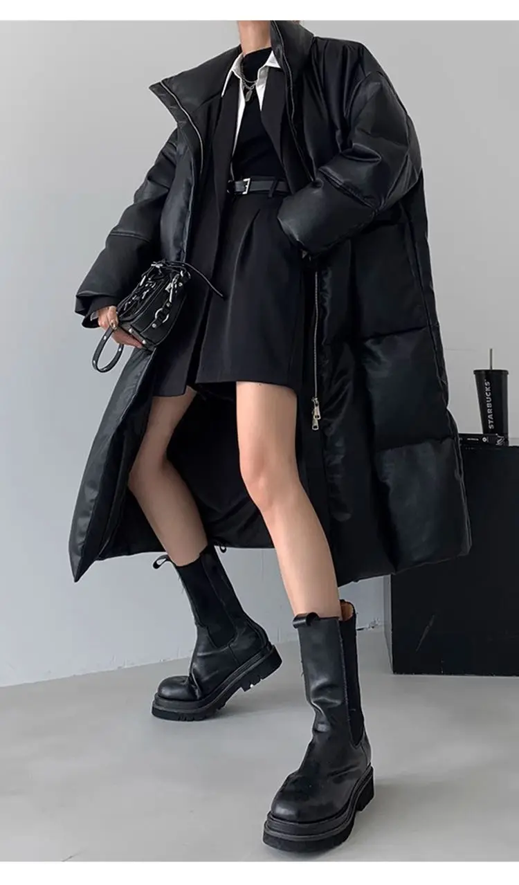 Winter Long Pu Leather Down Jacket Female Black Thick Warm Cotton Parka Outwears Women White Duck Down Knee Length Down Jackets