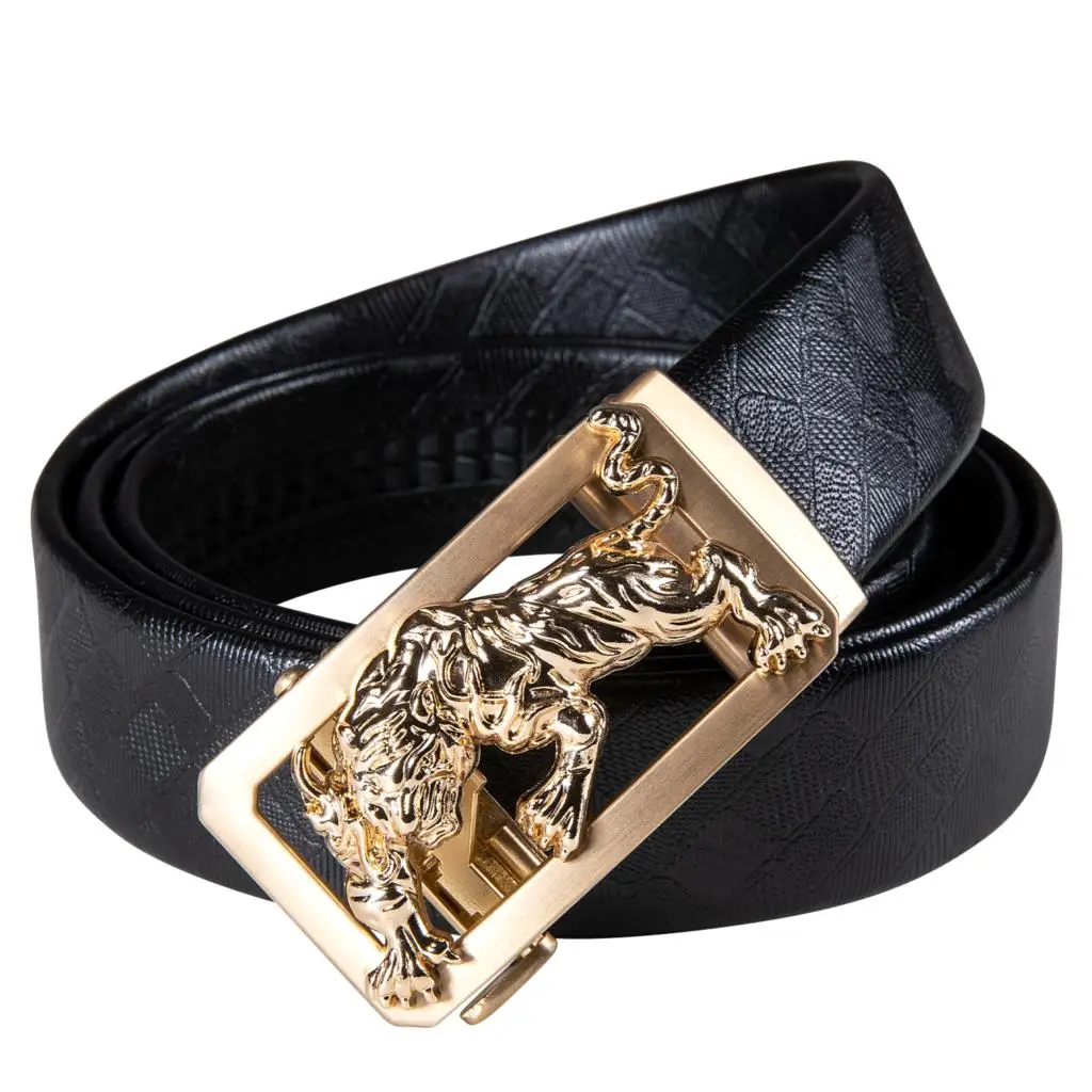 

Luxury Black Leather Belts for Men Gold Lion Automatic Rachat Buckle Cowskin Waistband Casual Formal Straps Barry.Wang