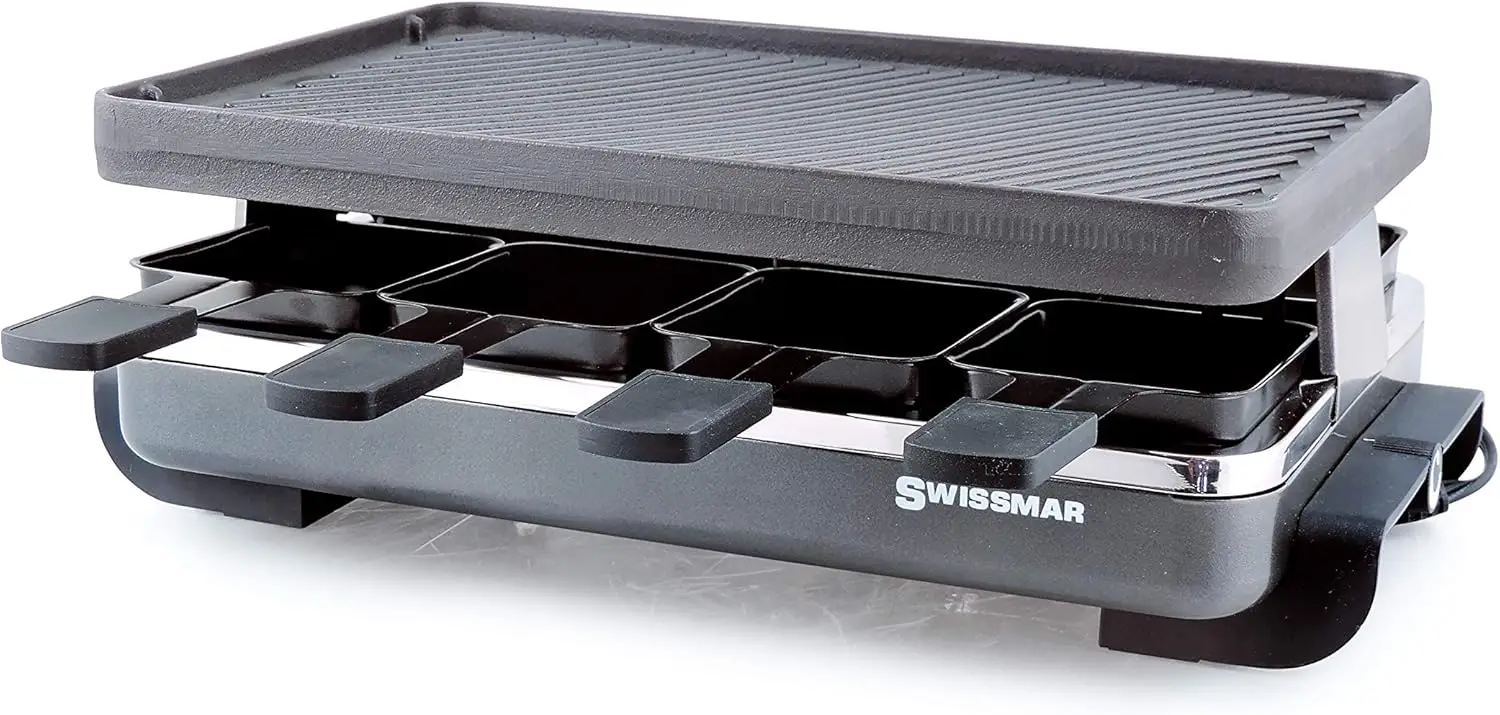77040 Classic 8-Person Raclette with Reversible Cast Iron Grill Plate/Crepe Top, Black