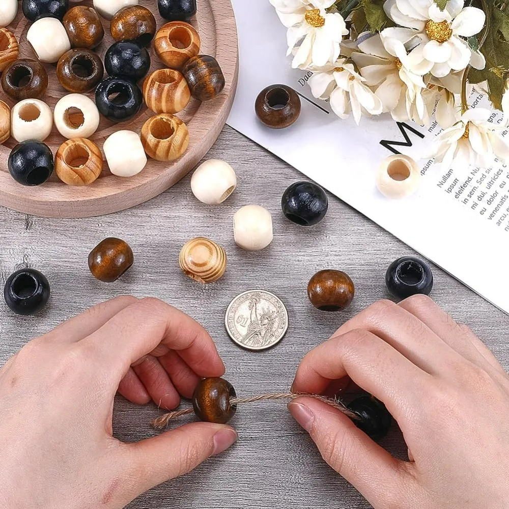 60PCS 4 스타일 대형 느슨한 나무 구슬 20MM 라운드 스페이서 볼 구슬 10MM 구멍 브라운 블랙 빈 미완성