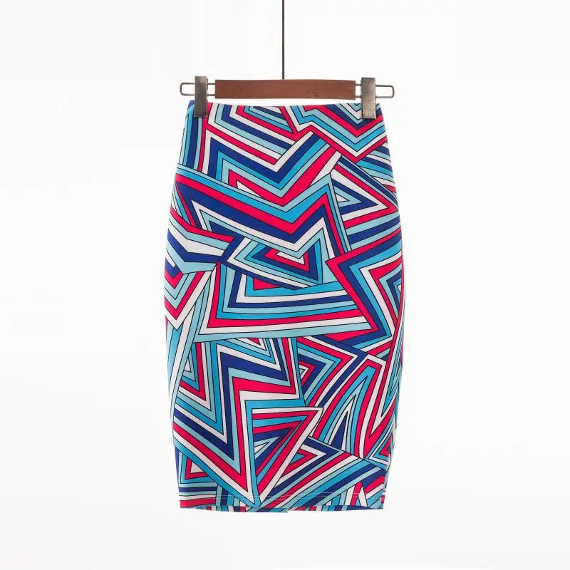 New Spring and Summer Women's Style High Waist Slim Elastic Contrast Color Printed Bag Hip Fashion Sexy All-match Skirt