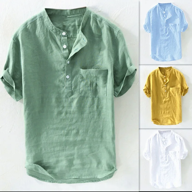 

Men's Summer Casual Solid Color Pocket Thin Short Sleeve Loose Breathable Stand Collar Pullover Shirt