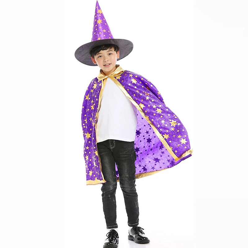 Kids Cosplay Costume Sydanne Kids Magician Wizard Cloak Hat Cosplay Costume Hot Stamping Five-pointed Star Cloak Party Costume Halloween