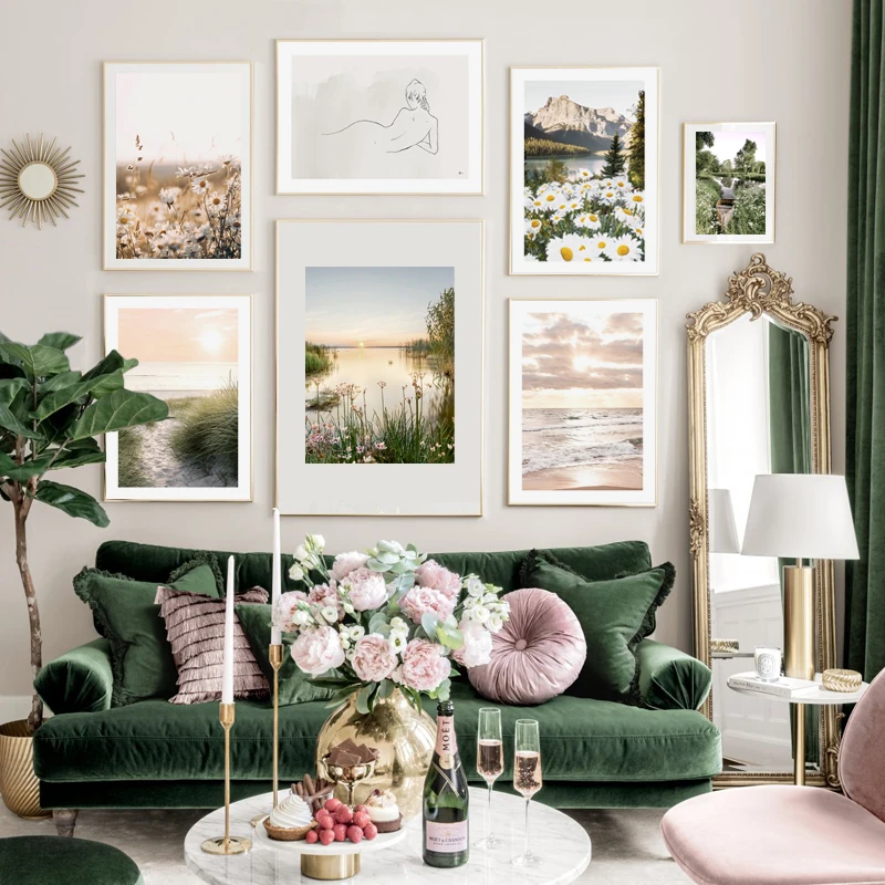 Nordic Green Lake Beautiful Sunset Mountain Flowers Canvas Painting Wall Art Print Picture For Living Room Home Decoration