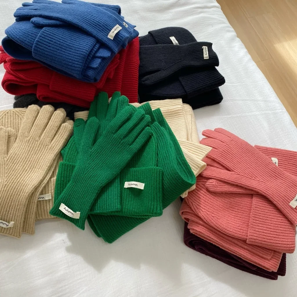 Women's Knitted Hat Scarf Glove Set Solid Warm Autumn Winter 2026 Fashion Green Blue Red Lovely 3 Pcs Hat & Glove Sets Women