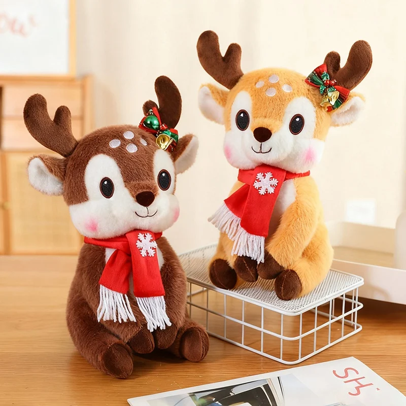 Kawaii Christmas Elk Plush Toys Stuffed Cartoon Sitting Pose Scarf Deer Doll Pretty Party Decor Lovely Xmas New Year Gift
