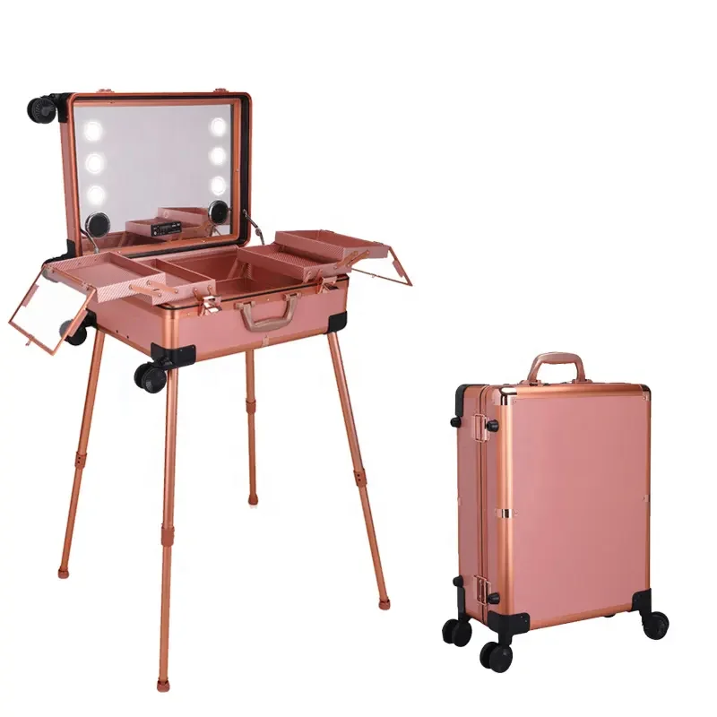 

professional makeup Rolling Trolley Makeup Train Case with Adjustable LED Lights and audio speaker