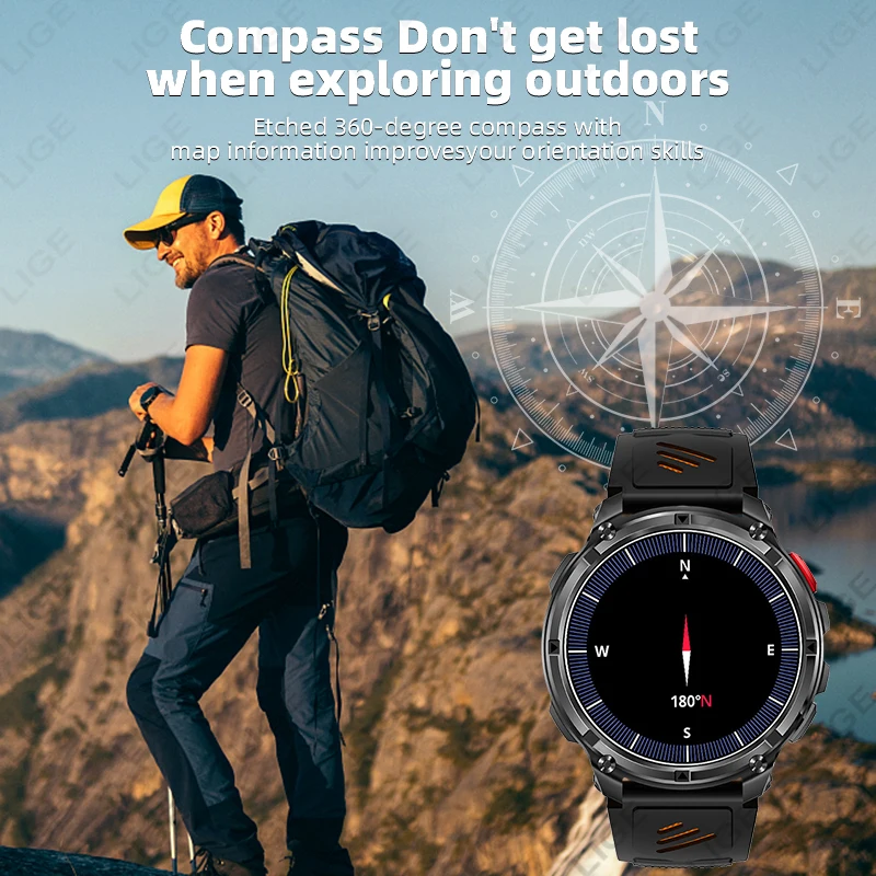 LIGE 1100mAh Super Capacity Battery Smart Watch Military Compass LED Flashlight Men Voice Call Heart Rate IP68 Sport Watches Man