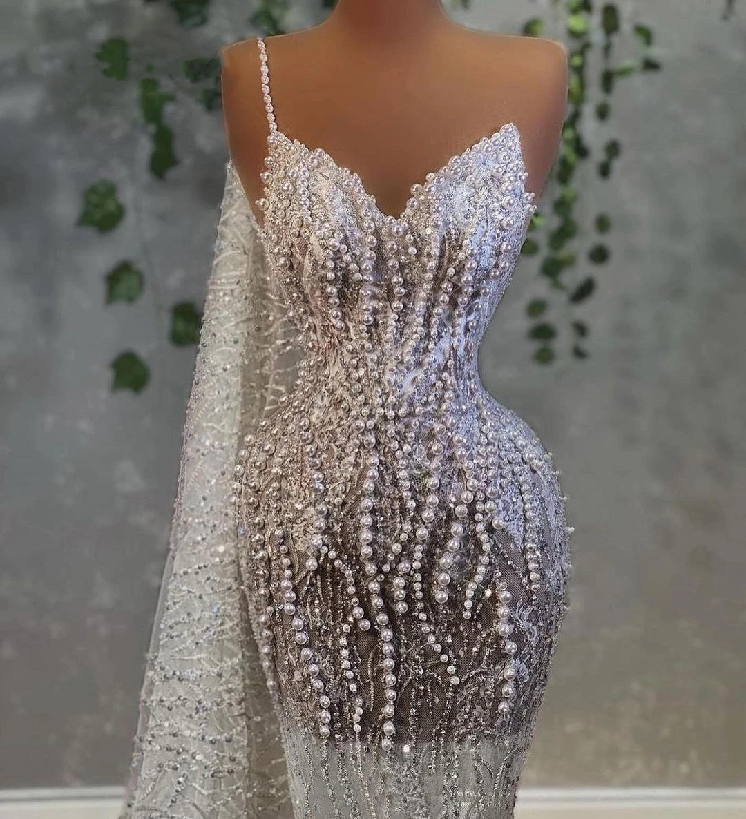 

See Through Pearls Sequins Wedding Dress Beading Cape Sleeves Mermaid Bridal Gowns Custom Made Vestido De Novia