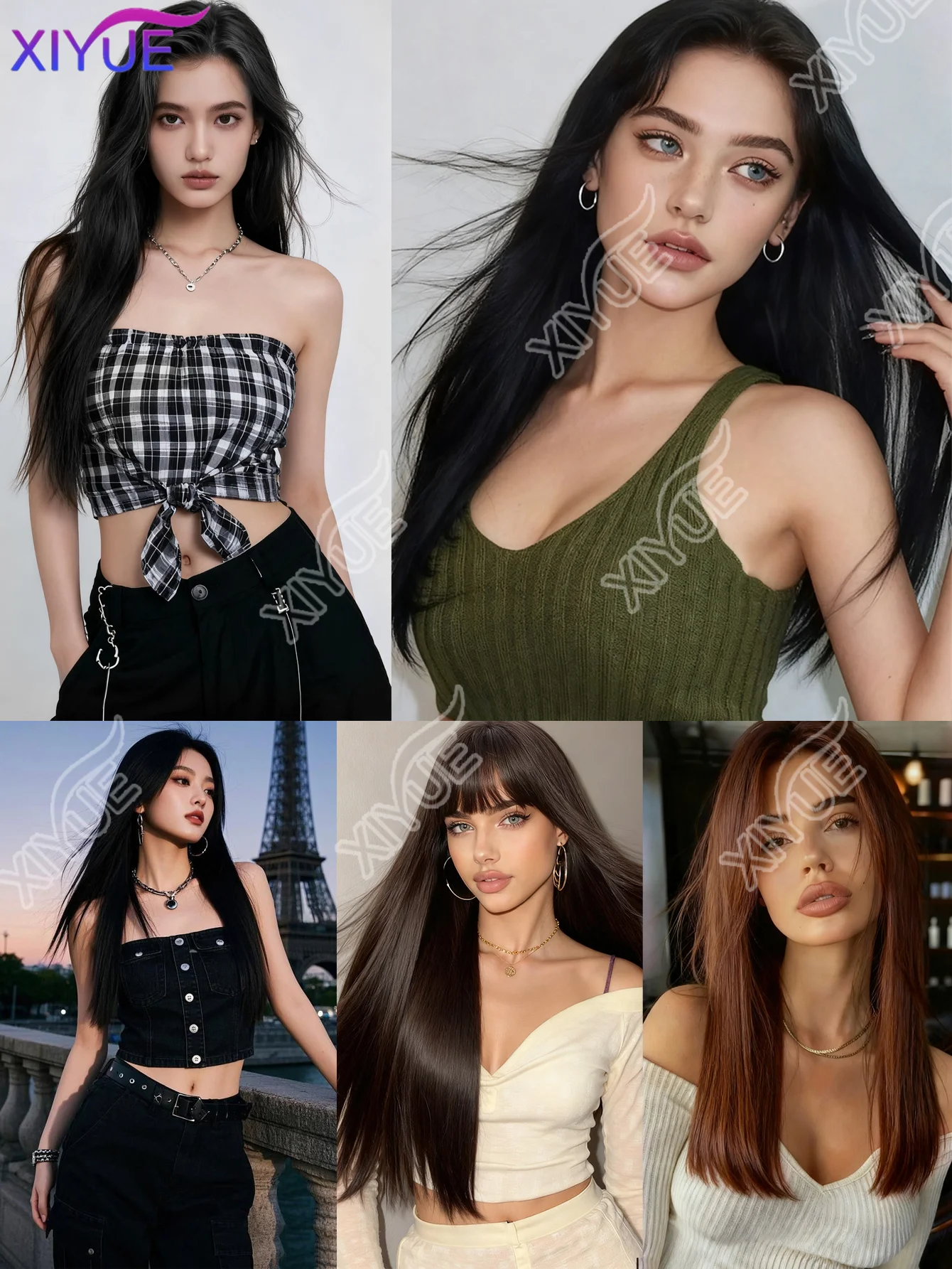 XIYUE Three-Piece Wig Extensions Realistic Long Straight Hair for Women Minimalistic Black Micro-Curly Hair Extensions