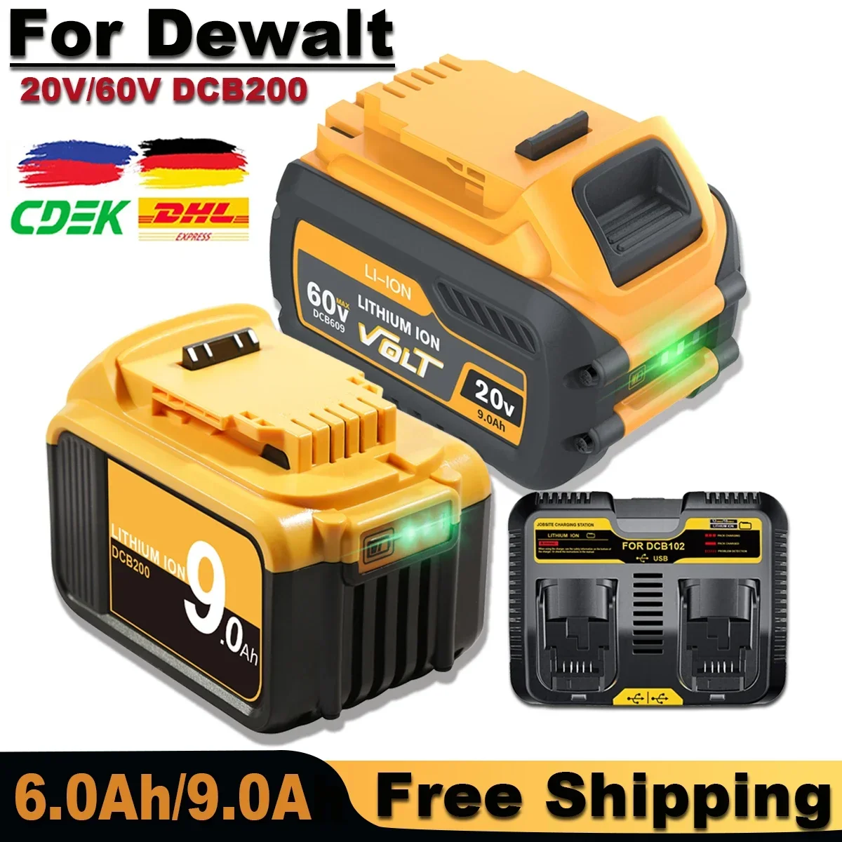 

60V 9.0Ah Battery Replacement Battery DCB606 DCB205 DCB206 DCB209 DCB182 20V 6.0Ah Power Tool Battery For Dewalt