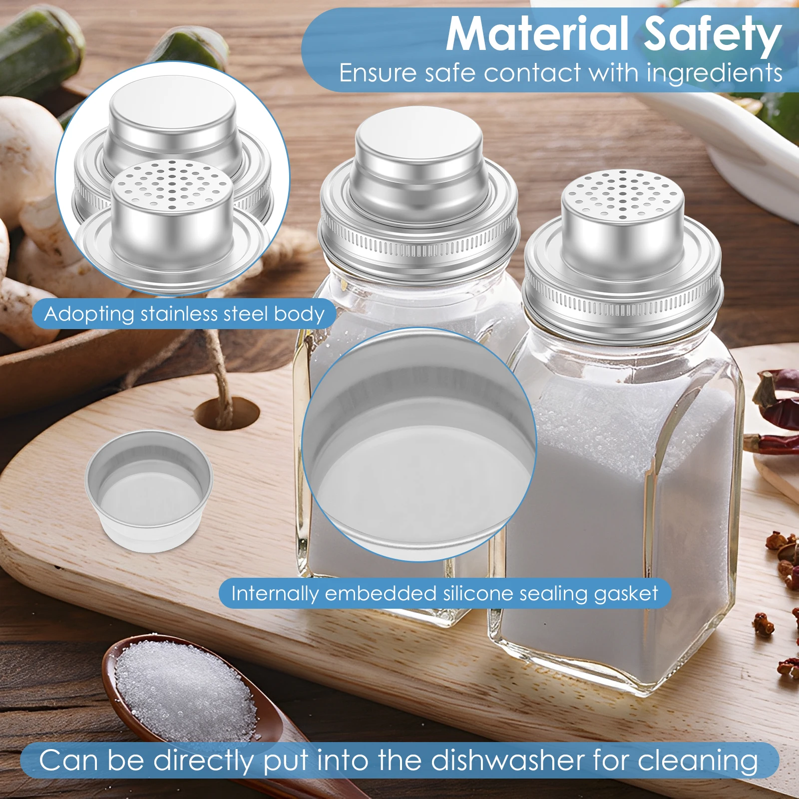 6Pcs Mason Jar Shaker Lids Caps Stainless Steel Shaker Cap with Sealing Silicone Gasket Glass Jar Shaker Lid for Spices Cocktail