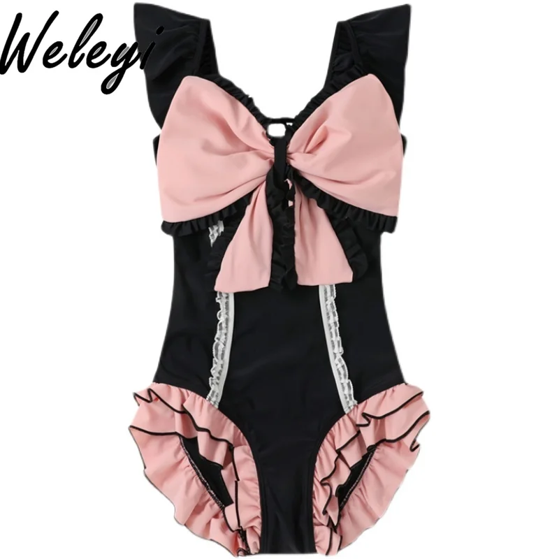 

Lolita Swimwear Japanese Soft Girl Cute One Piece Swimsuit Student 2024 Summer New Sweet Pink Bow Lace Hot Spring Swimsuits