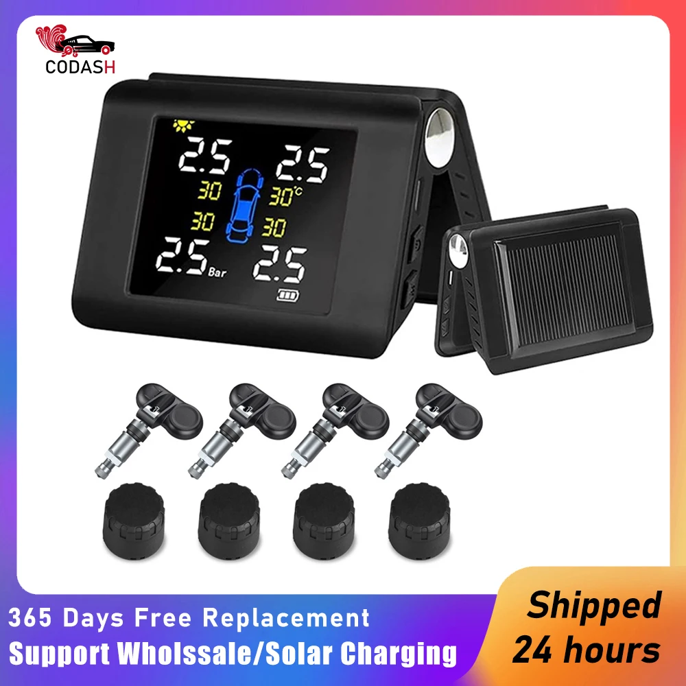 

CODASH Car Tire Pressure Gauge Monitoring System Solar TPMS USB LED Display Pressure Sensor Tires 4 Built-In Or External Sensors
