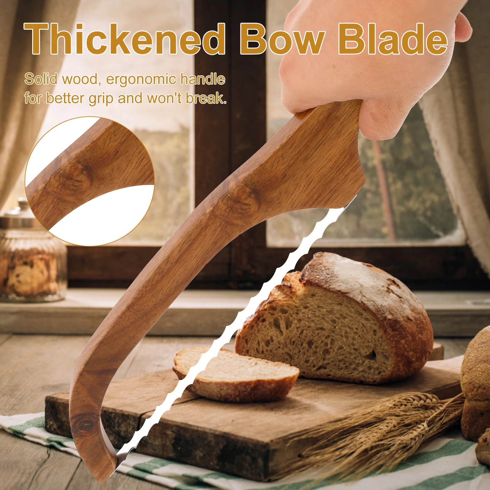 Wooden Bread Bow Knife Serrated Bread Bow Cutter Stainless Steel Sourdough Knife Professional Cake Cutting baking tool baking accessories