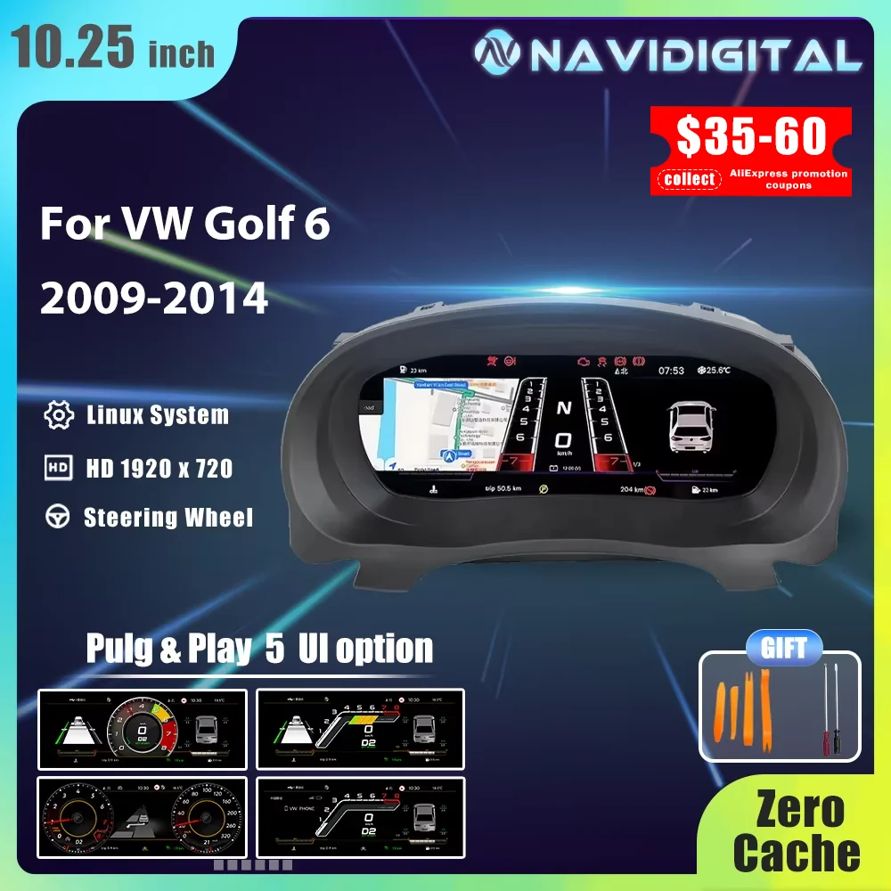 Grupo de instrumentos digitales de 10,25 pulgadas para Volkswagen Golf 6 MK6 años, Panel LCD, velocímetro, medidor Virtual