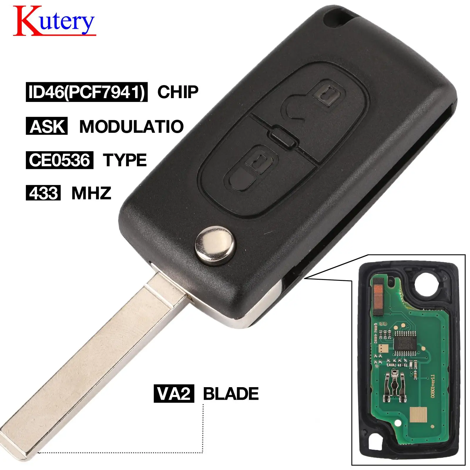 Kutery 2 Button VA2 Car Key For Citroen C2 C3 C4 PICASSO Remote Alarm Flip Auto Fob 433MHz ID 46 PCF7961 Ce0536 ASK | Автомобили и