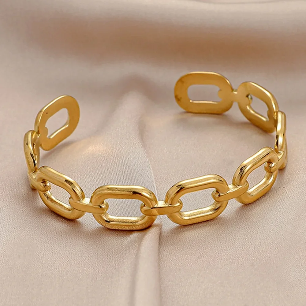 Square Link Hollow Out Open Cuff Bracelet for Women Stainless Steel Vintage Gold Color Bangle Minimalist Wedding Jewelry Gift