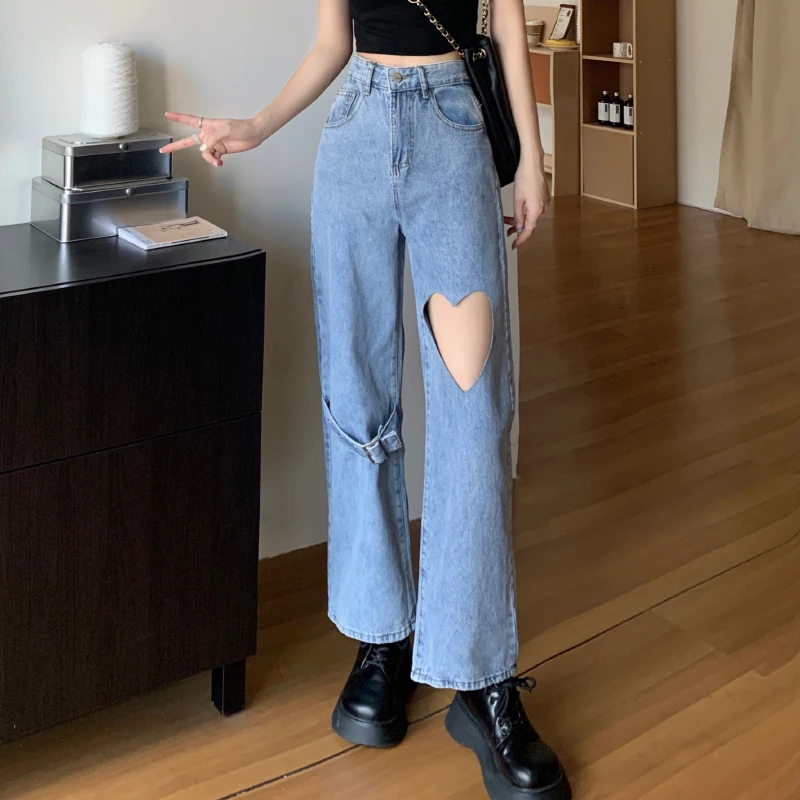 JMPRS Streetwear Women Jeans High Waist Love Hollow Out Designed Wide Leg Denim Pants 100% Cotton Casual Female Loose Jeans New bootcut jeans Jeans