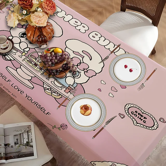 E-Esther B-Bunny Cartoon Tablecloth Tea Coffee Table Cloth Waterproof Cloth Wall Stove Rack Rectangular Wedding Banquet Home 2