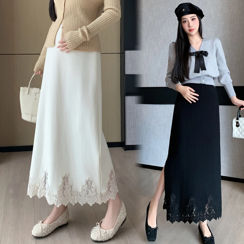 Autumn Winter Lace Patchwork Maternity Clothing High Quality Slimming Slit Knitted Skirt for Pregnant Women Youth Pregnancy