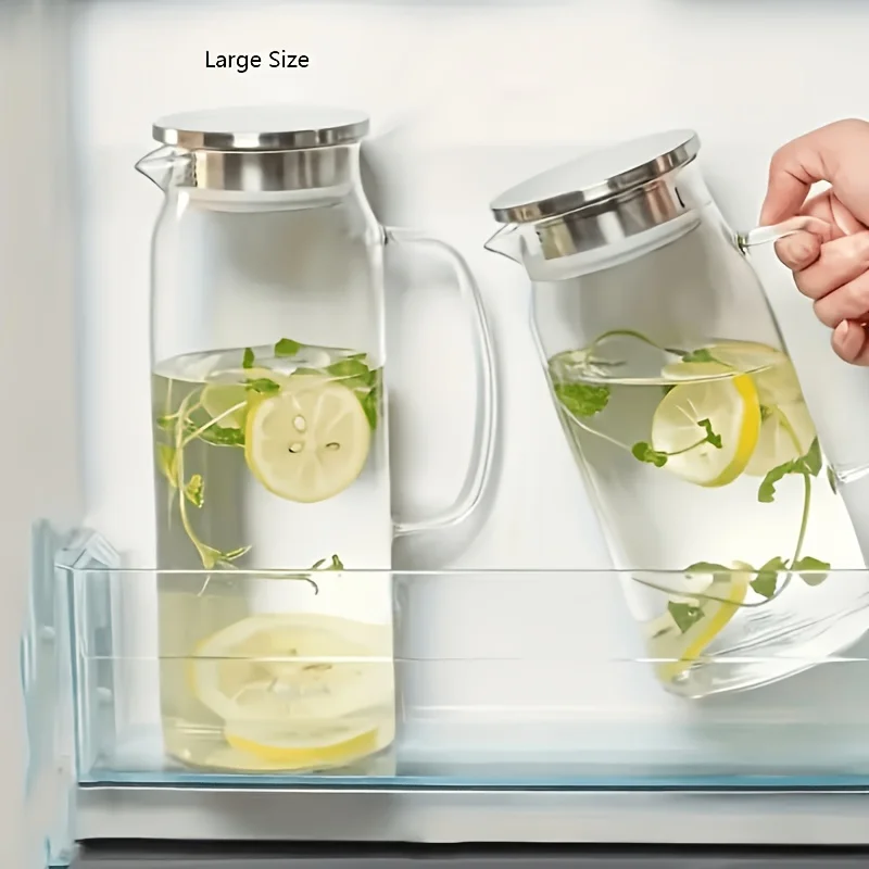 1pc 1L/1.5L Borosilicate Glass Straight Water Pitcher with Stainless Steel Lid, Household Juice Jug, Suitable for Coffee, Juice