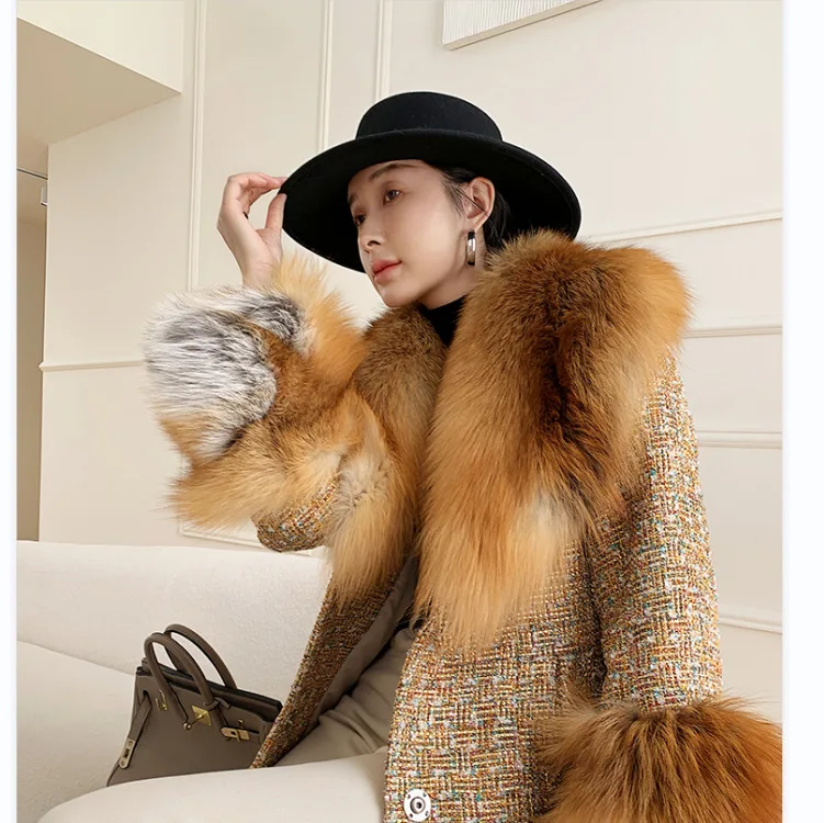 Famous Designer Women natural Fox Fur Collar real sheep Woolen