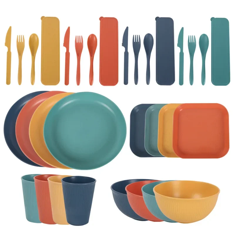 Wheat Straw Tableware 8 Piece Set Plate Knife Fork Spoon Bowl and Dish Outdoor Portable Tableware Set Camp Cooking Supplies