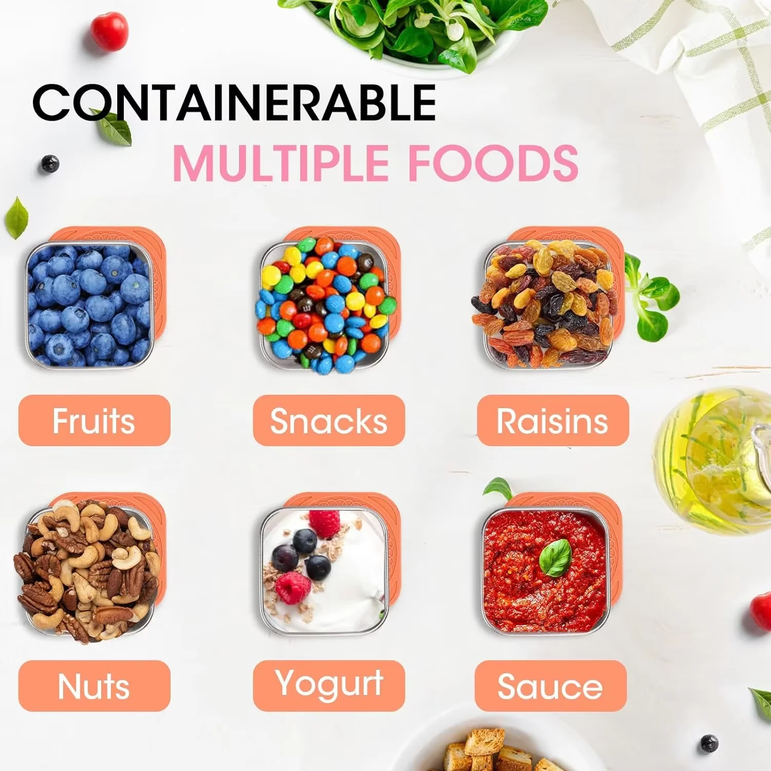 2/6oz Stainless Steel Snack Container Sauce Container with Silicone Lids Leakproof Portable Stackable Dressing Food Storage 4Pcs