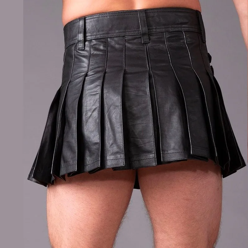 Men Sexy Stylish Skirt Faux Leather Pleated High Waist Mini Skirt Side Buckles
