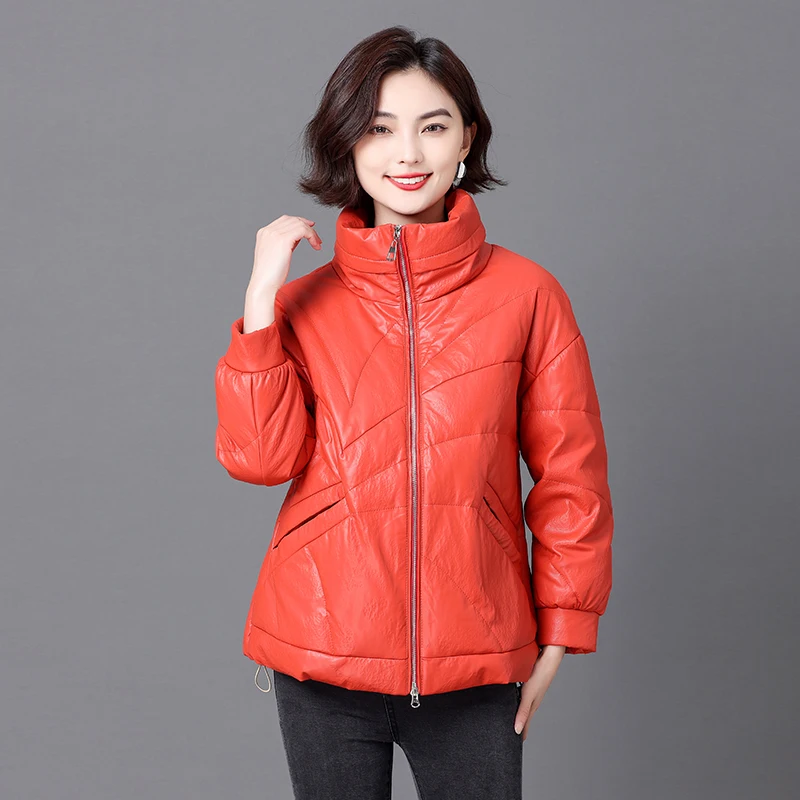 New Women Winter Leather Down Jacket Fashion Stand Collar Loose Sheepskin Down Coat Casual Warm Thick Outerwear Split Leather 2021 women short bread down winter warm solid jacket stand up collar cardigan down jacket outerwear padded coat new fashion