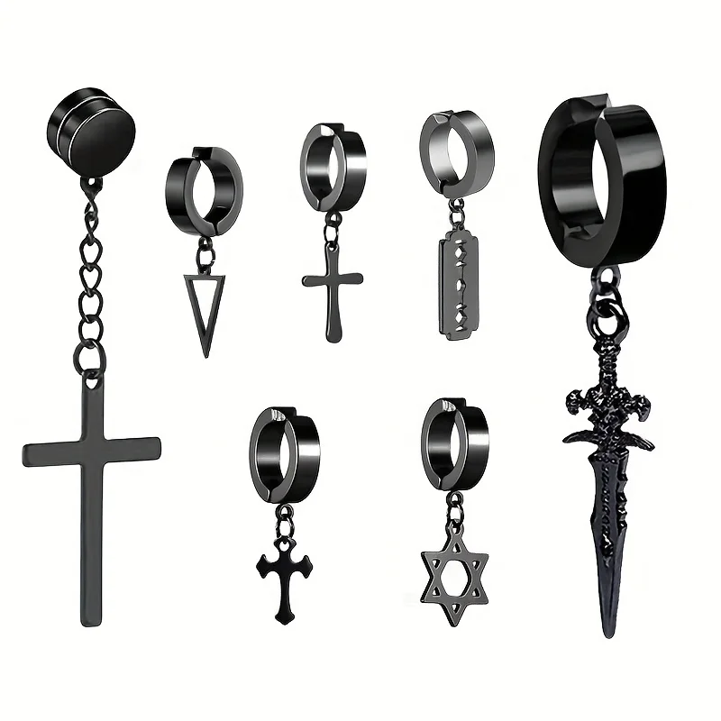 2pcs Fashionable Stainless Steel No Ear Holes Cross Ear Clip Non-Piercing Tassel Star Blade Earrings Jewelry For Men Women,ear clip earrings,clip earrings,ear clip,ear accessories
