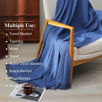 Simple&Opulence Winter Warm Blanket for Sofa 100% Cotton Tassels Throw Blankets for beds Soft Lightweight Pre-Washed Breathable 3