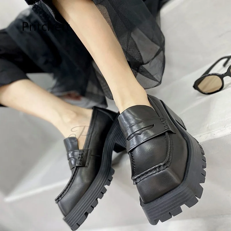 Neutral Square Toe Single Shoes for Men Women Thick Bottom British Style Retro Slip On Loafers Women's Leather Shoes Couple 2