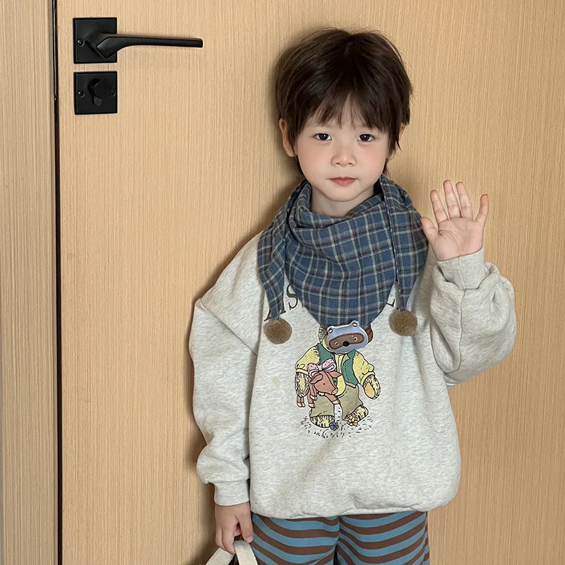 Cute Bear Checkered children's Triangle Scarf Autumn Winter all-match Boys And Girls Headscarf Cotton Scarf Children 24W014 winter accessories