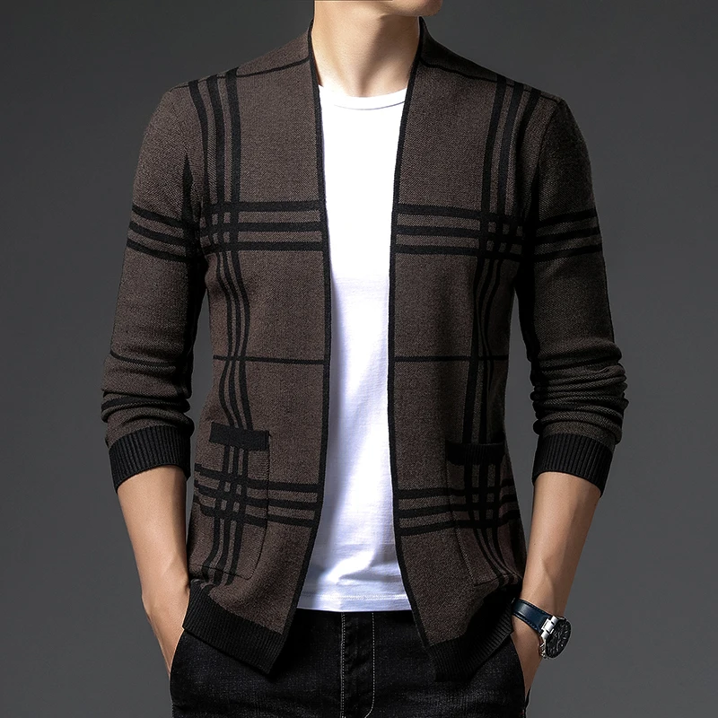 

2023 Men's Knitted Cardigan Stripe Straight Print Cardigan Pocket Button Advanced Fashion Cardigan Men's Knit Plaid Cardigan