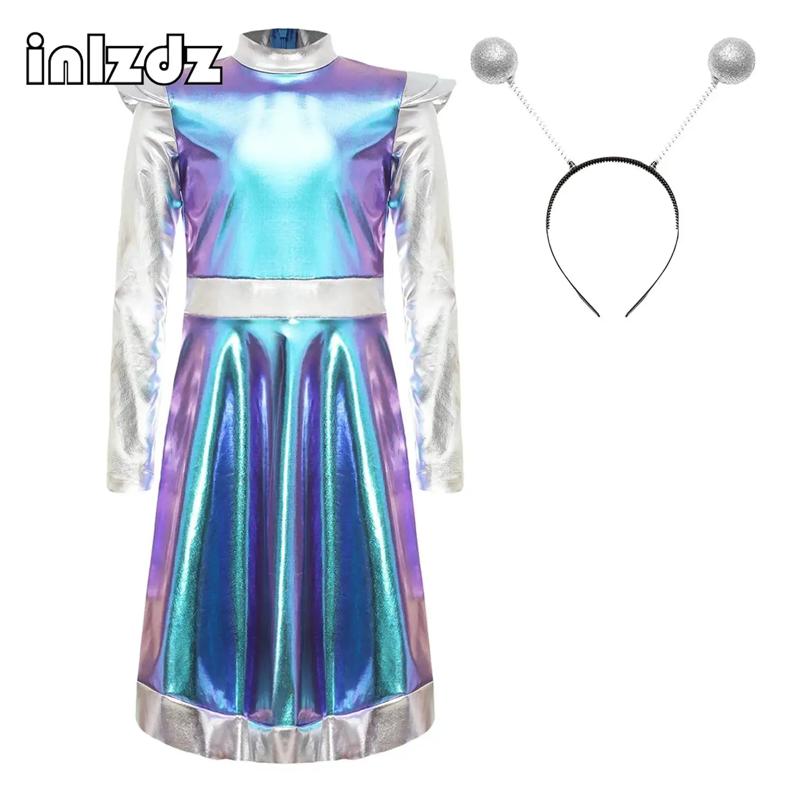 Vestido De Alienígena Metálico Para Mujer – Manga Larga, Cinturón Incluido, Tallas S A 4XL, Perfecto Para Halloween Y Cosplay