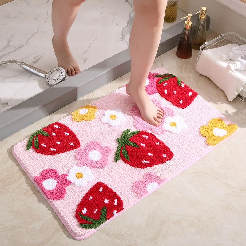 

Cute Strawberry Flocking Bath Mat Pink Sweet Girls Home Decor Carpet Bedroom Rug Non-slip Absorbent Hallway Entrance Door Mat