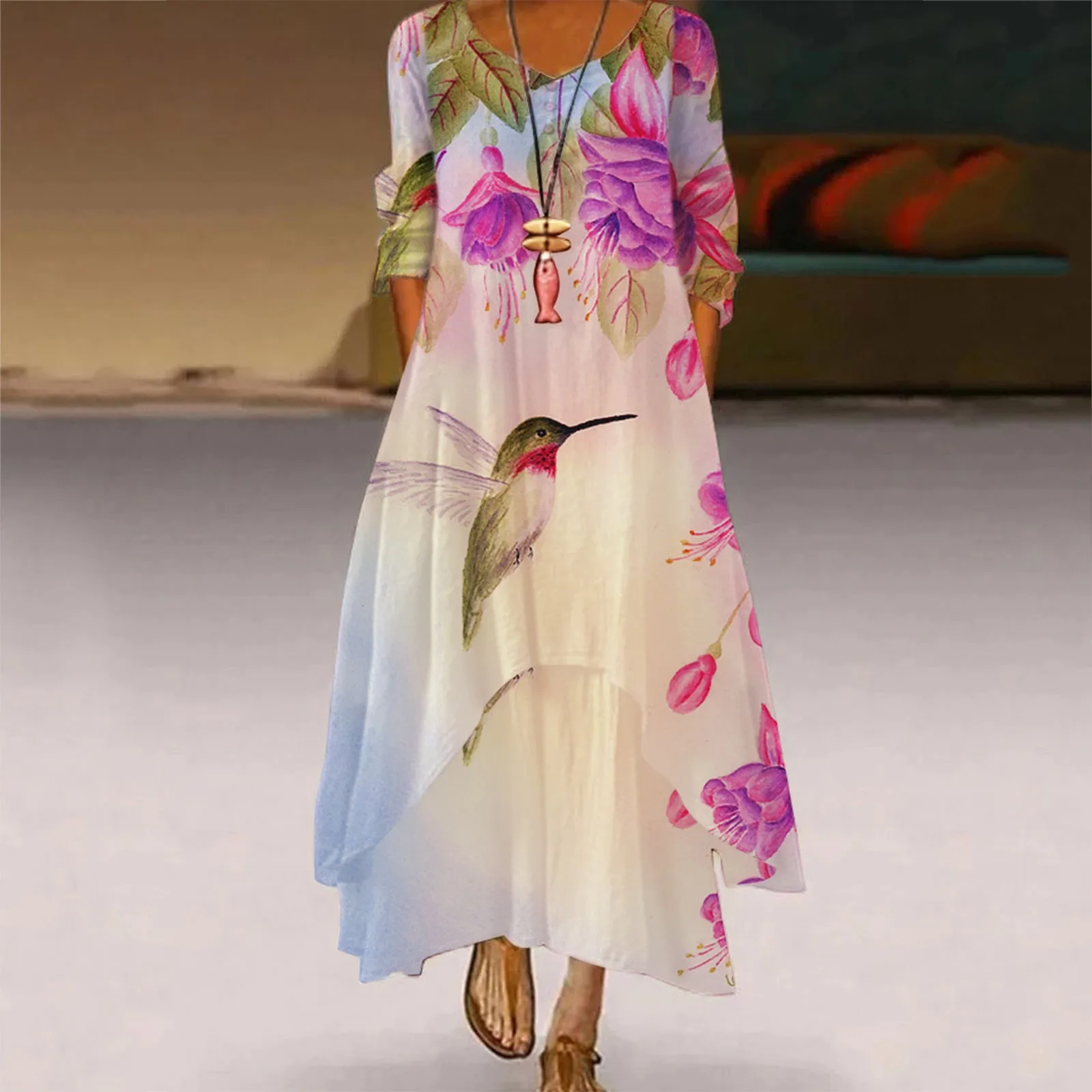 Vintage 3D Floral Print Dress Women Fashion 2022 Spring O-neck Long Sleeve Loose Dress Elegant Casual Lady Maxi Dresses Vestido camisole Tanks & Camis