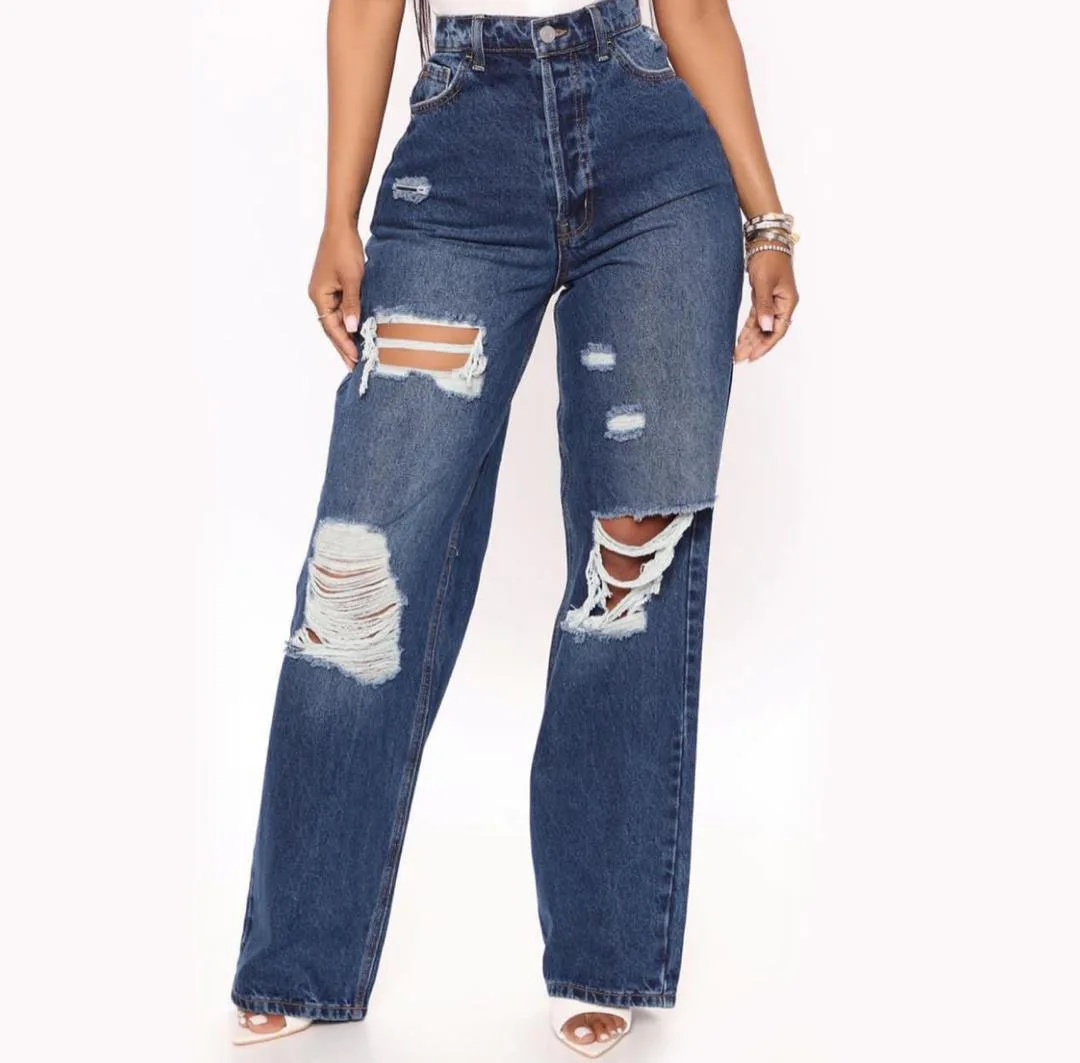 

High Waisted Ripped Y2K Baggy Jeans Denim Trousers Women Streetwear Pockets Casual Boyfriend Loose Wide Leg Straight Jeans