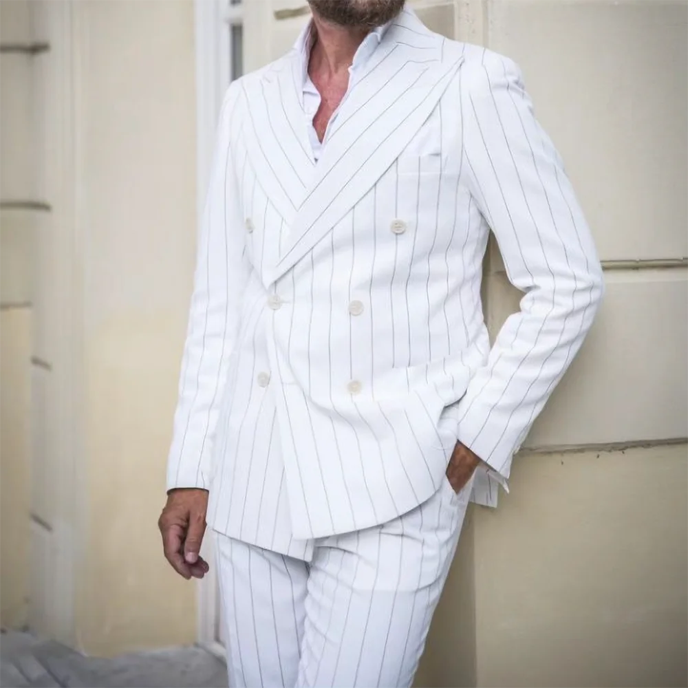 White Striped Men Suits High-end Peak Lapel Double Breasted Blazer with Pants Formal Casual Wedding Tuxedo 2 Piece Suits for Men 3
