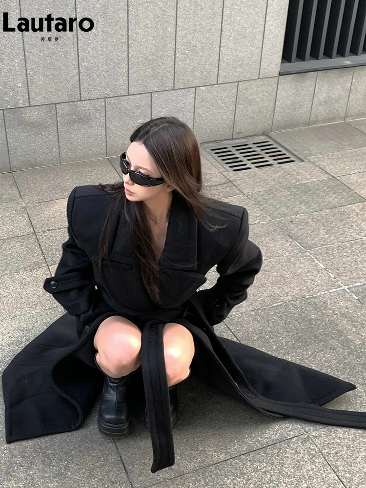 Lautaro Autumn Winter Extra Long Black Warm Wool & Blends Coat for Women Shoulder Pads Sashes Double Breasted Woolen Overcoat 4