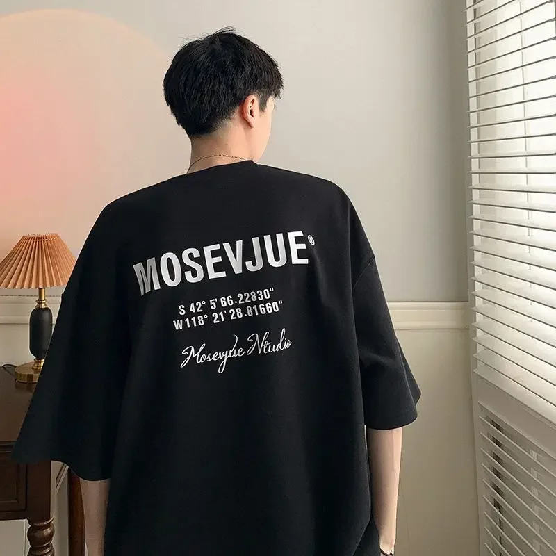 Summer Men Short Sleeve T-shirt New ins Simple Letter Print Oversize Home Relaxed Half Sleeve Dress Crew Neck Top