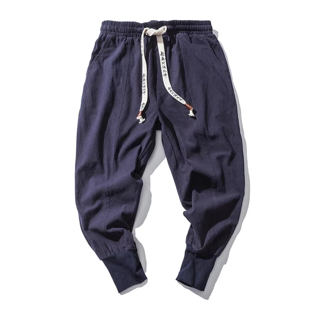 Pantalon sarouel en coton et lin pour hommes, couleur unie, taille élastique, Streetwear, jogging, Baggy, entrejambe goutte, décontracté 4