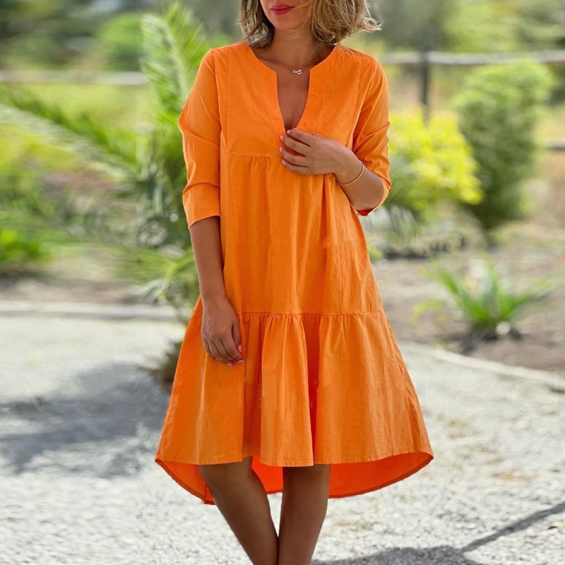 

2024 Casual V-neck Half Sleeved Commuting Dress Elegant Women Pleated Cotton Linen Dress Summer Solid Color Loose Pullover Dress