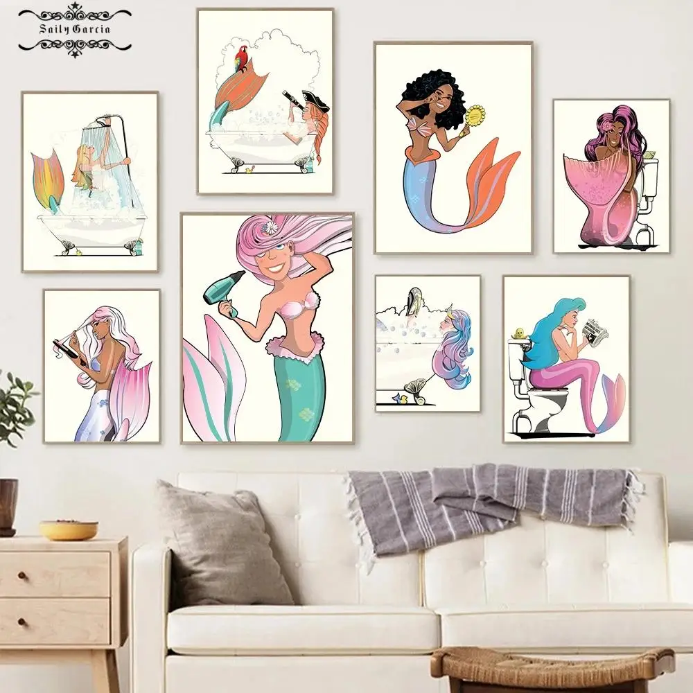 

Cartoon Anime Mermaid Makeup Canvas Painting Bathroom Wall Art Poster for Living Room Toilet Home Decoration Interior Mural