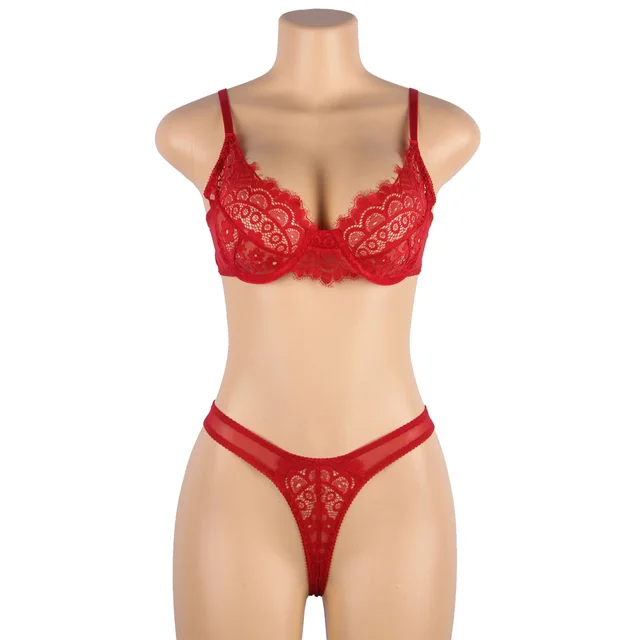 High Quality Beautiful Lingerie Lace Bra Set with Underwire-Red - Image 3